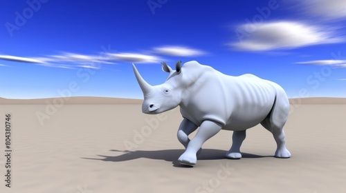 A white rhinoceros walks across the desert. photo
