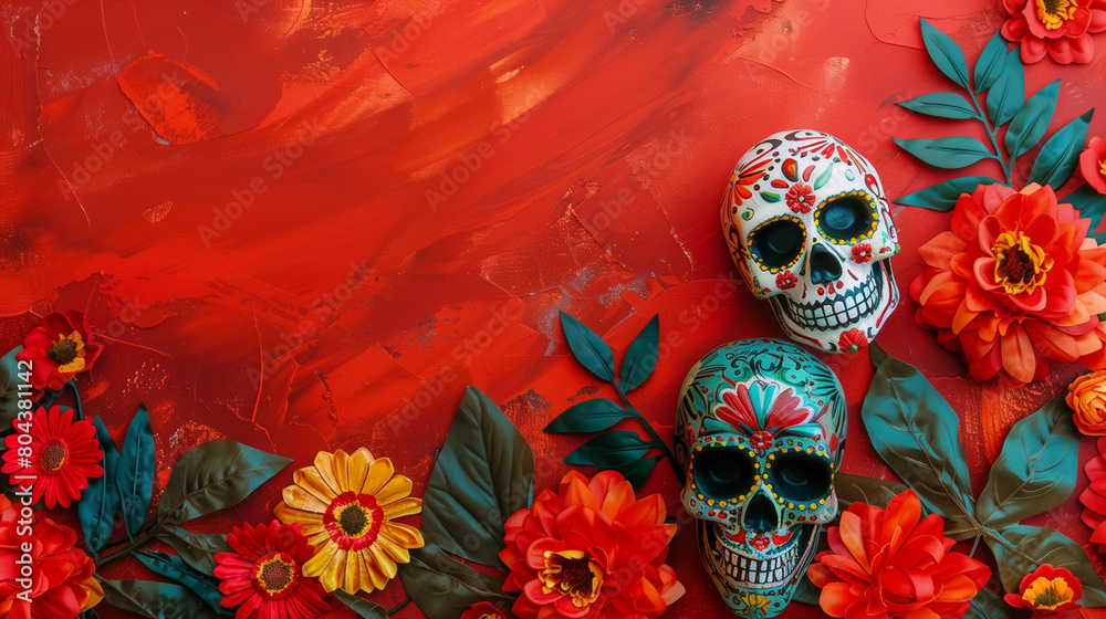 Naklejka premium Colorful skulls and flowers frame over red background with copy space