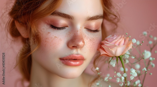 Woman Savoring the Fragrant Scent of a Bouquet of Fresh Roses on a Soft Pink Background