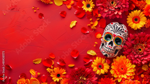 Colorful skulls and flowers frame over red background with copy space