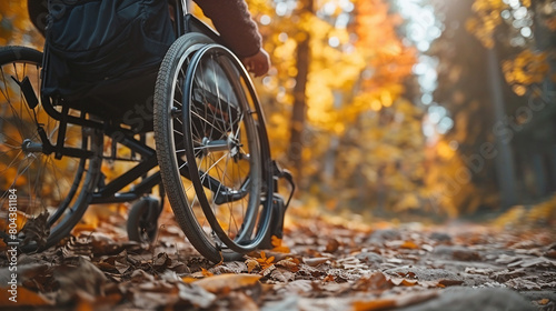 A person in a wheelchair is in a forest with leaves on the ground
