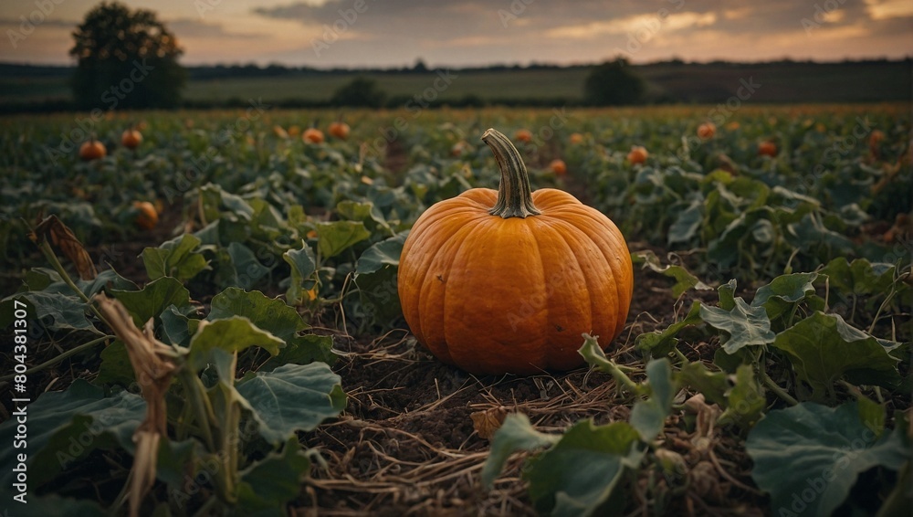 A ripe pumpkin in a field