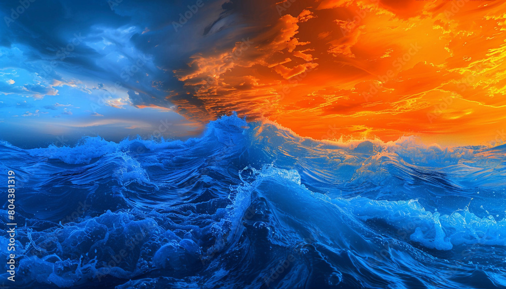 A dramatic and vivid collision of royal blue and sunset orange waves, creating a striking visual spectacle that mimics the breathtaking beauty of an evening horizon.