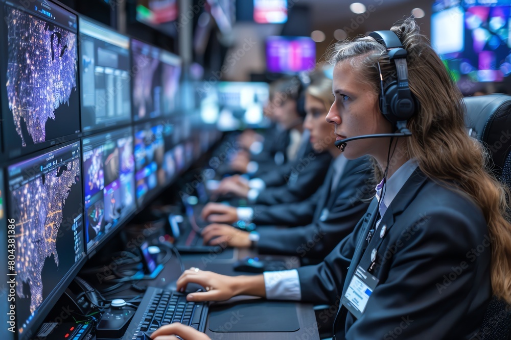 A crisis management team in action within a command center, screens displaying real-time data, diverse team focused and communicating urgently Modern, high-stakes environment A crisis management team in action within a command center, screens displaying real-time data, diverse team focused and communicating urgently Modern, high-stakes environment