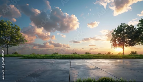 Create a realistic 3D rendering of an outdoor plaza with a sunset sky photo