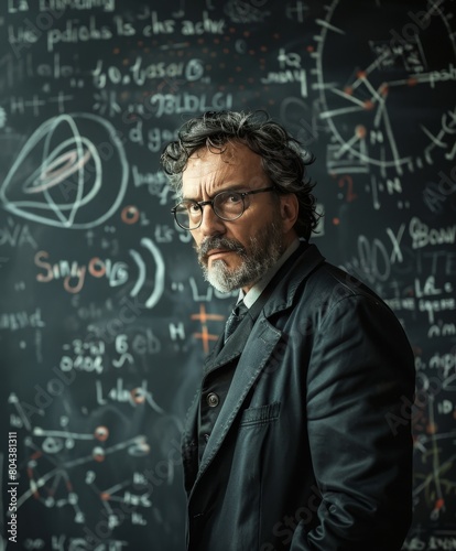 Intense Portrait of a Scholarly Man in Front of a Chalkboard Filled with Complex Mathematical Formulas and Diagrams - Intellectual and Thoughtful Image