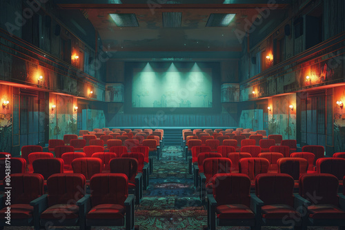 Produce a digital masterpiece depicting an empty cinema hall with a serene and harmonious atmosphere, where every element, from the seating to the lighting, is designed to soothe and relax