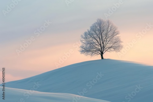 Create a beautiful landscape painting of a lonely tree on a snowy hill during sunset