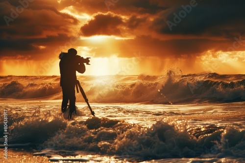 A photographer stands on the beach, tripod in hand, capturing the perfect moment as the sun sets over the ocean.