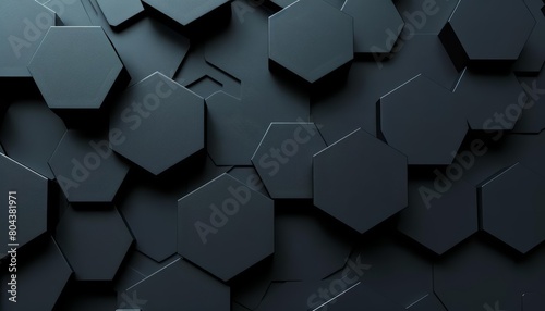 Create a 3D rendering of a black honeycomb pattern. Make the hexagons appear to be randomly sized and placed, and give the image a futuristic, high-tech look.