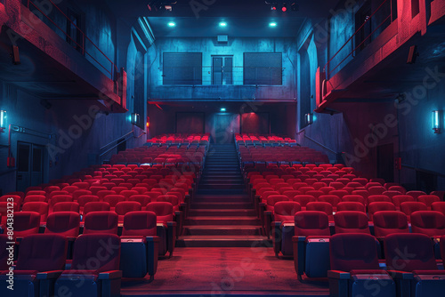Produce a digital masterpiece depicting an empty cinema hall with a serene and harmonious atmosphere, where every element, from the seating to the lighting, is designed to soothe and relax