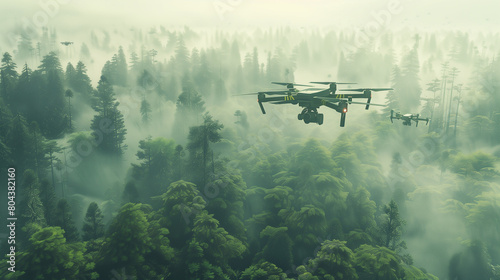 A drone is flying over a lush green forest. The drone is a large  green and black model. The forest is full of trees and the sky is clear