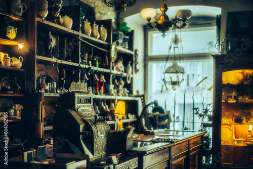 An antique shop with vintage items lining the shelves, showcasing antique treasures. © Zlotnikov A.