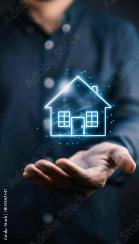 A real estate agent holding on his hand with a glowing house icon