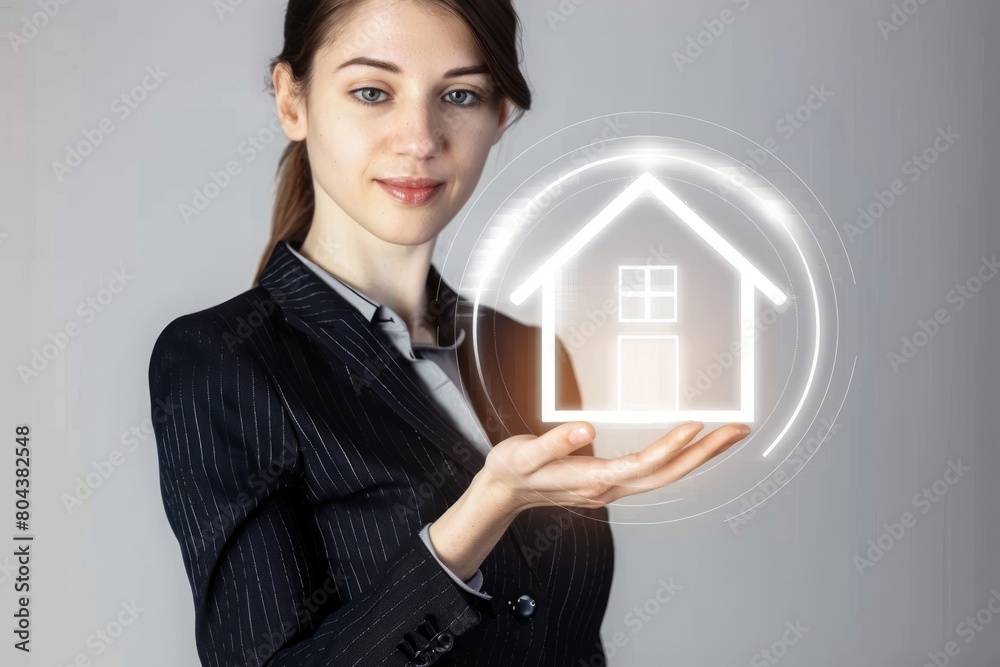 A businesswoman holding a virtual screen home icon on white background A businesswoman holding a virtual screen home icon on white background