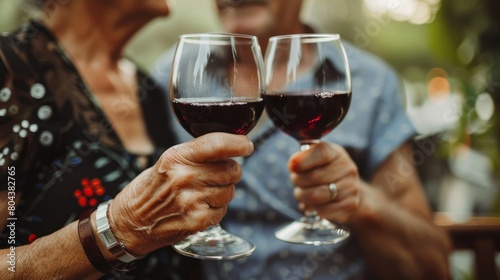 Man and woman drinking red wine. In the picture  close-up hands with glasses. They are celebrating their wedding anniversary.
