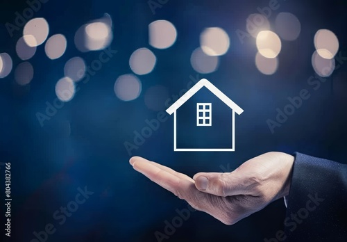 A businessman hand holding up an icon of a house on dark background
