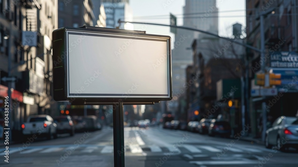 A large white billboard is on a city street A large white billboard is on a city street