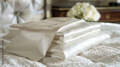 A set of highthread count sateen sheets smooth and supple to the touch promising a restful and luxurious sleep every night.