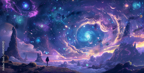 a digital painting of a cosmic traveler exploring an alien planet, with surreal landscapes and strange alien life forms, set against a backdrop of swirling galaxies and distant stars photo