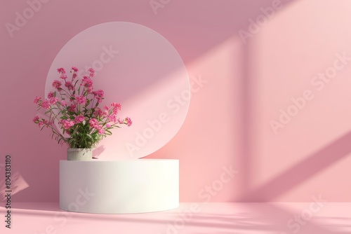 Pink podium with pink flowers. 3d rendering.