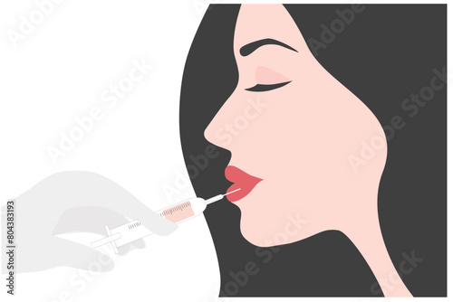 Filler injection concept. Serum syringe injects filler to lip of woman vector illustration. Plastic, aesthetic cosmetology beauty treatment concept