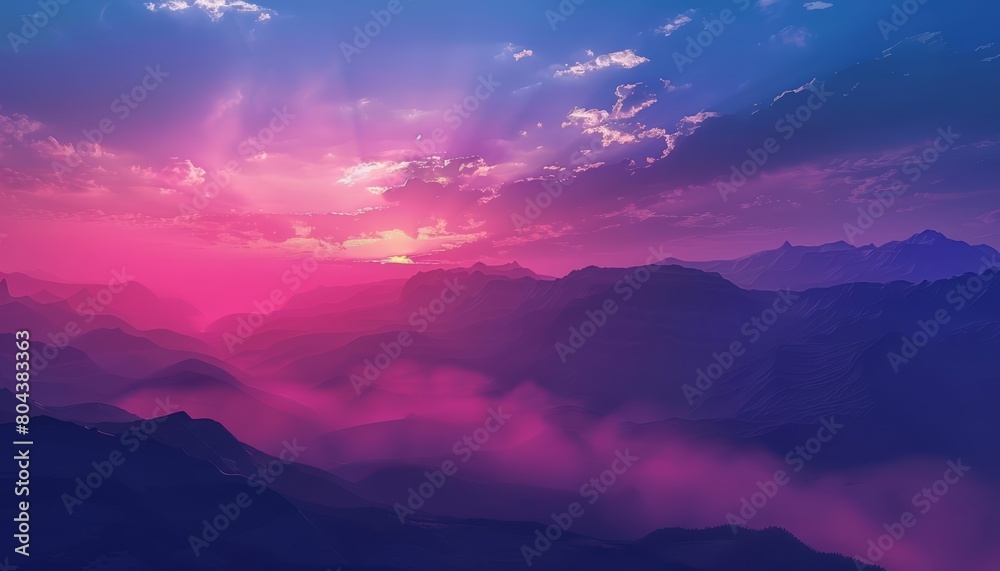 The setting sun casts a pink and purple glow over the rugged mountain landscape