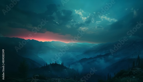 Create a beautiful landscape image of a mountain range at sunset. Make the colors vibrant and the clouds dramatic.