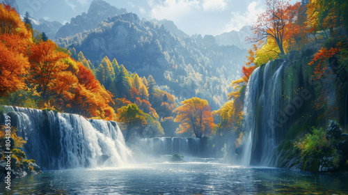 A beautiful waterfall surrounded by trees and mountains