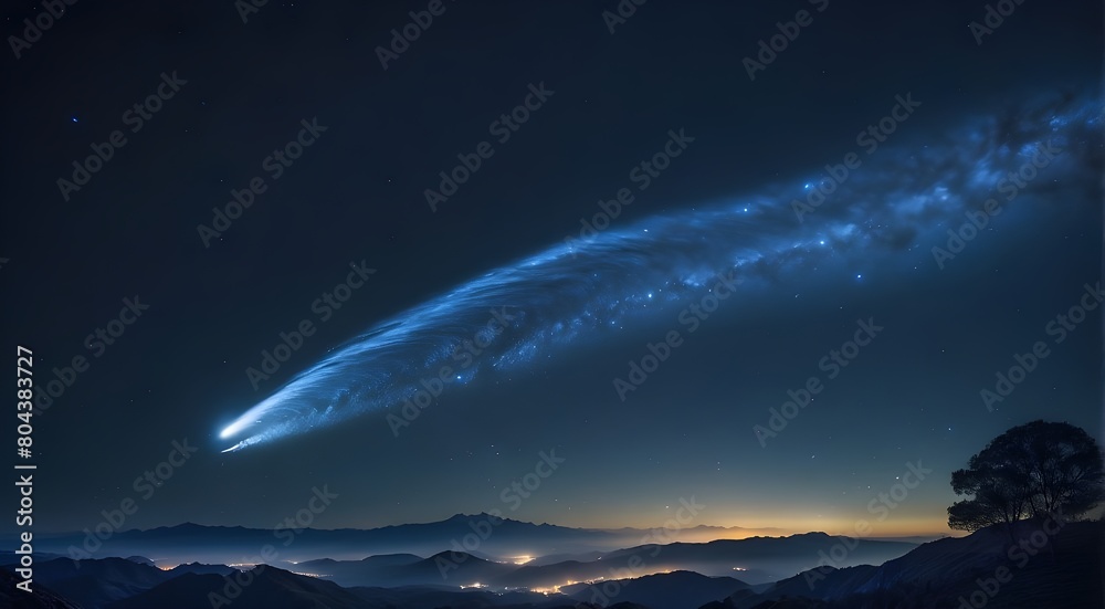 A stunning blue comet streaking through the night sky, leaving a trail of shimmering stars in its wake.