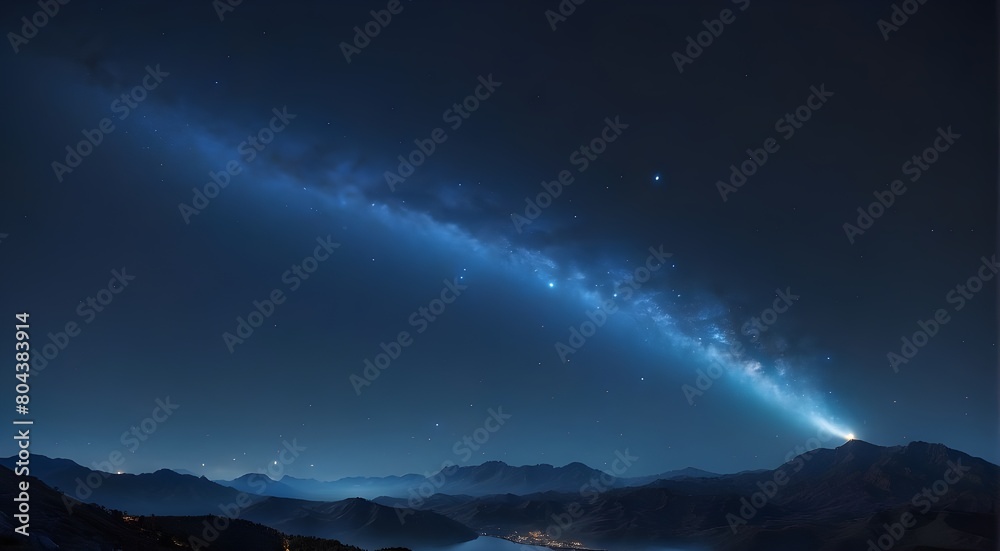 A stunning blue comet streaking through the night sky, leaving a trail of shimmering stars in its wake.