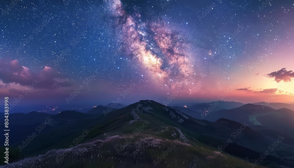 Generate a high quality image of a landscape with a starry night sky and a mountain range in the foreground Generate a high quality image of a landscape with a starry night sky and a mountain range in the foreground