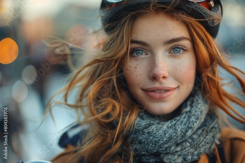 A woman with bike helmet and scarf gives a soft smile, with evening city lights creating a bokeh effect behind her
