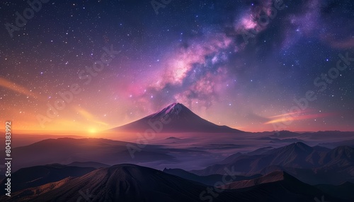 A beautiful landscape of a volcano at night. The sky is full of stars and the volcano is erupting. The colors are vibrant and the scene is very peaceful. © JK_kyoto