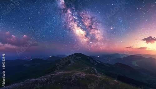 Generate a high quality image of a landscape with a starry night sky and a mountain range in the foreground photo