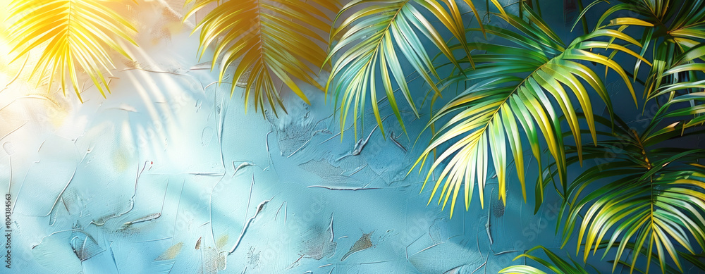 Green nature background, tropical plant leaves, palm leaves on a blue background. Copy space.