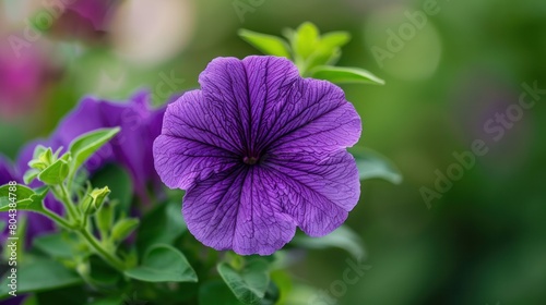 Purple mexican petunia beautiful blooming flower green leaf background. High quality photo