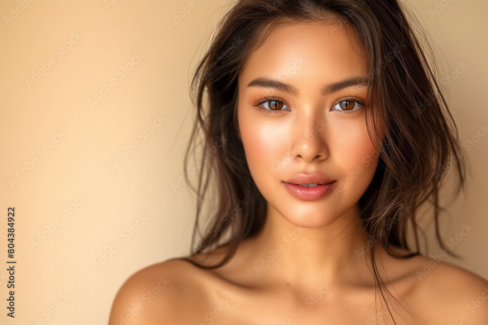 Adult brunette Asian American woman beauty model with bare shoulders on beige background with copy space. Skin care product advertising.