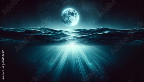 水中から見上げた青い満月と青い海の中の風景画