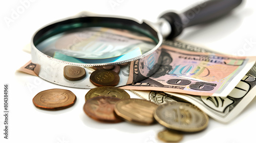 Magnifying Glass Examining Coins and Bills for Financial Scrutiny 3D Icon Isometric Scene