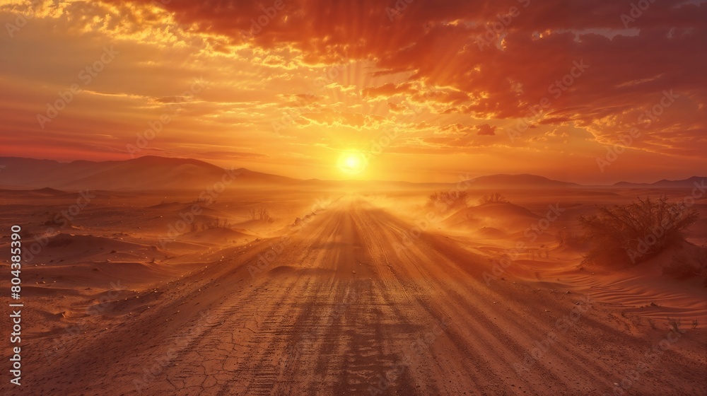 Breathtaking view of the sun setting over a dusty desert road under a fiery sky Breathtaking view of the sun setting over a dusty desert road under a fiery sky