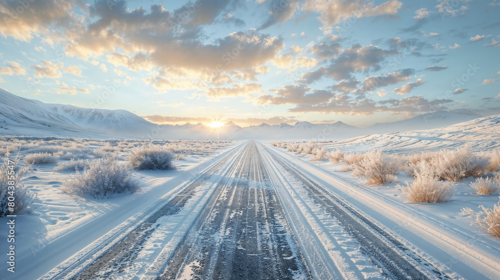 Serene snowy landscape with a road leading towards a mountain range at dawn Serene snowy landscape with a road leading towards a mountain range at dawn