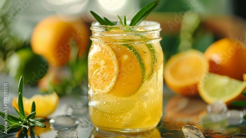 A mocktail made with sparkling water fresh citrus juices and a splash of honey served in a sleek mason jar.