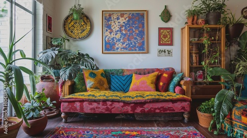 A vibrant, eclectic living room with a bold, jewel-toned sofa, an array of global textiles and patterns, unique art pieces, and a collection of plants adding life and color to the space. 32k © king