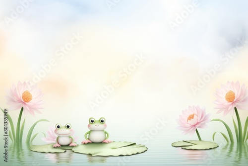 Two frogs on lily pads in a pond with water lilies in the background © apichat