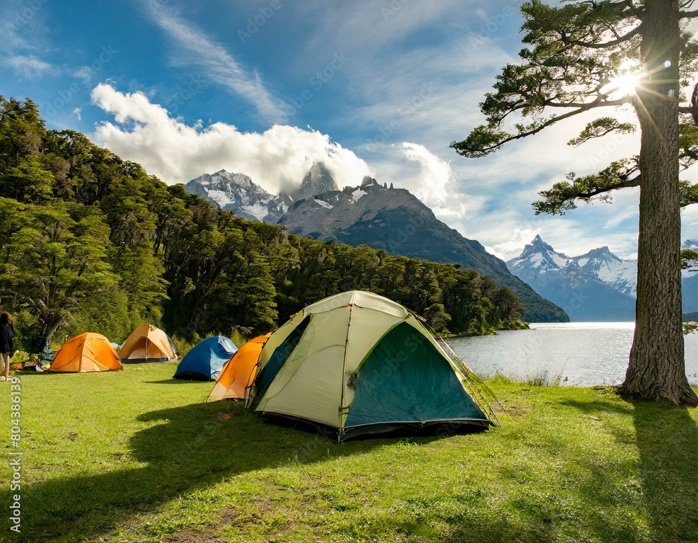 summer camping by the lake in a forest surrounded by tall trees and large mountains