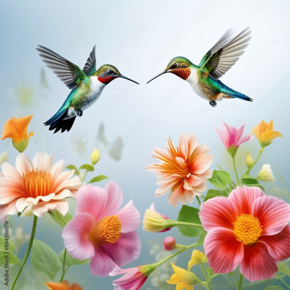 Obraz premium Two hummingbirds flying in a garden of flowers.