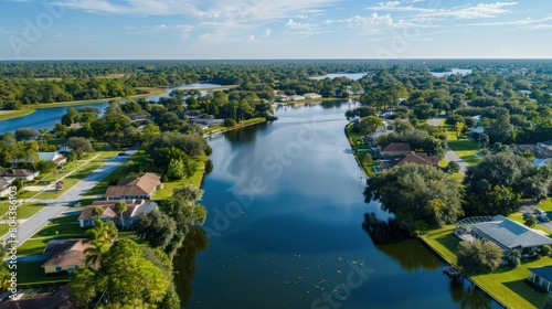 Subdivision in Florida located beside a lake Aerial skyline shot