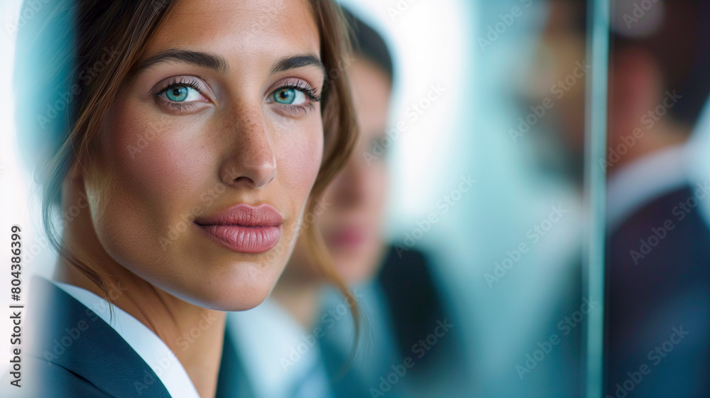 Fototapeta premium Portrait of confident caucasian ethnicity businesswoman in the office. Female general manager, CEO, business leader.