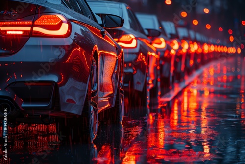 A dynamic scene of an automotive trade show, where the latest cars are unveiled, highlighting the economic activity generated by auto expos